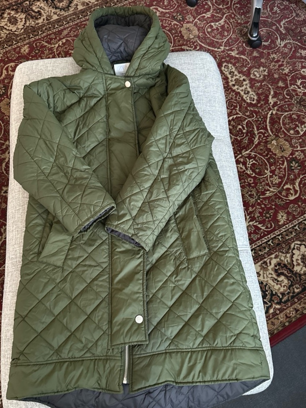 Zara Olive Green Quilted Hooded Puffer Coat
